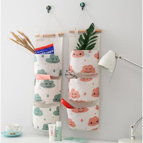 Clouds Pattern Hanging Storage Bags 3 Pockets Wall Pouch Cosmetic Toys Organizer Cotton Linen Mounted Wardrobe Sundries Pouch