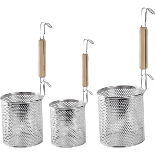 Stainless Steel Noodle Food Strainer with Hook and Wooden Handle, Strainer Basket for Dumpling Udon Vegetables Pasta