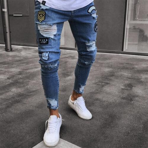 Stylish Mens Stretchy Ripped Skinny Biker Destroyed Slim Fit Jeans Taped Denim Pants Elastic Waist Harem Pants Men Jogger S-4XL