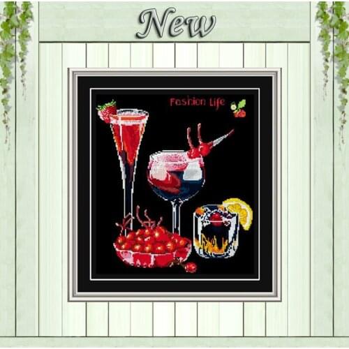 Wine cherry Cocktail painting counted on canvas Cross Stitch Embroidery kits Needlework Sets DMC 14CT 11CT black cloth unprinted