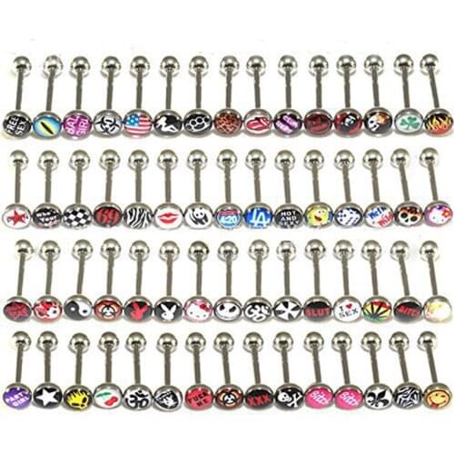 10PCS Mix LOGO Vintage Tongue Piercing Barbell Bars Steampunk Women Piercing Tongue Rings Stainless Steel Fashion Body Jewelry