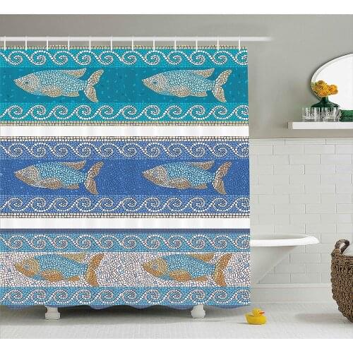 Mosaic Decor Shower Curtain, Ancient Style Byzantine Ceramics Inspired Marine Fractal Fish Pattern Artwork, Fabric Decor