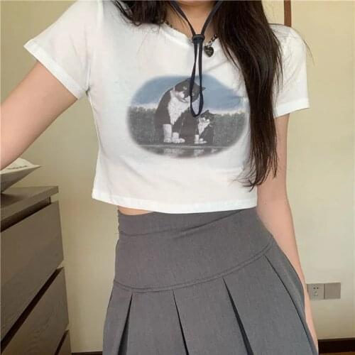 Women Casual Slim T-shirt Women O Neck Y2k tops Summer Clothes Cute retro cat print Korean Short T-shirt Fashion Clothing 2021