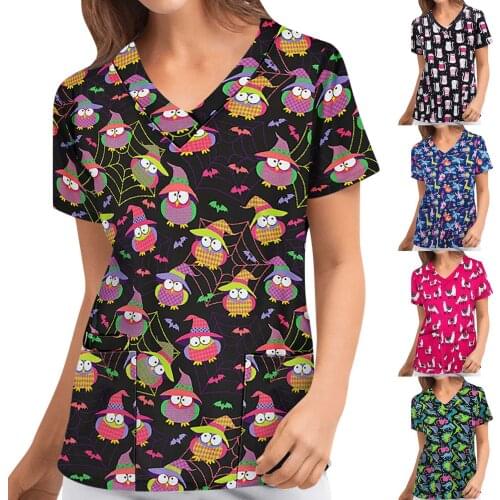 Women Short Sleeve V-neck Working Uniform Lovely Cartoon Printing T-Shirt Comfortable Daily Working Uniform T-Shirt Carer Top