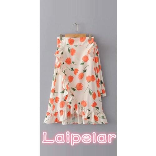 Summer tulip print boho skirts womens ruffles high waist midi skirt korean fashion beach bow midi skirt streetwear new