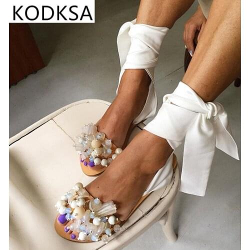 2021 Sandals Women Flat Sandals Ankle Strap Handmade Beaded Special Womens Shoes Beach Sandals Plus Size 35-43