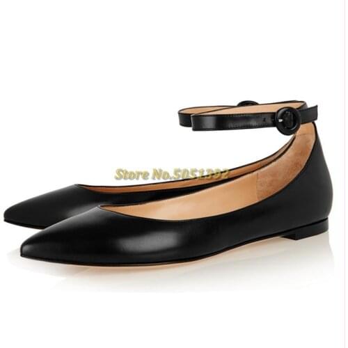 Low Heel Black Leather Pumps Ankle Strap Sexy Pointed Toe Casual Ladies Shoes 2021 New Arrivals Manufacturer Flat Shoes