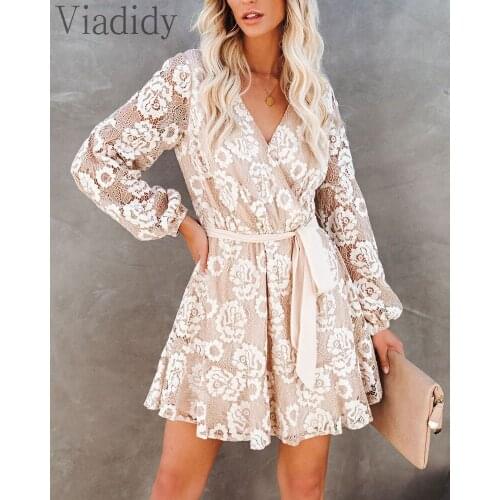 Women V-Neck Lace Flower Patchwork Long Sleeve Ruffles A-Line Dress With Sashes