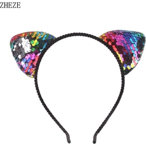 1PC Hair Style Classical Cat Ear Hairband 5MM Black Velvet Metal Headband Double Sides Reverse Glitter Sequins Cat Ear Hair Band
