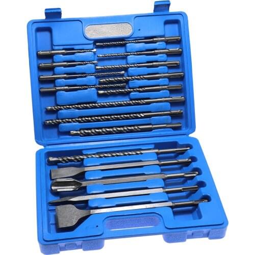 17pcs Electric Hammer Sds Drill Bit Set Rock Chisel Plastic Box Round Shank Impact Rotary Concrete Masonry