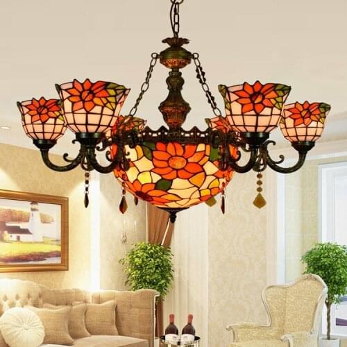 American pastoral sunflower 6 + 1 long crystal droplight sitting room glass 8 + 1 restaurant shop lights 110-240V Pendant Lights