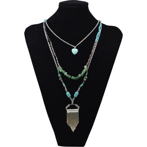 Boho Vintage Red Green Stone Bead Crystal Link Chain Maxi Necklace Women Collar Heart Multilayer Long Tassel Necklaces & Pendant