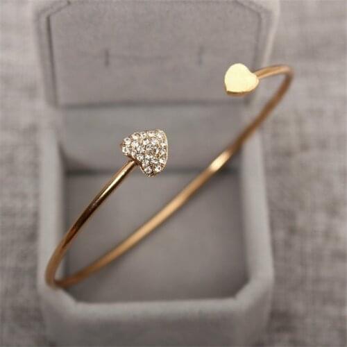 Hot New Fashion Adjustable Crystal Double Heart Bow Bilezik Cuff Opening Bracelet Women Jewelry Gift Mujer Pulseras