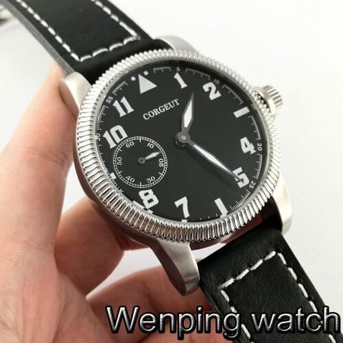 CORGEUT 46mm mens watch silver case black dial luminous leather strap asia 6497 hand winding movement mens wristwatch gift