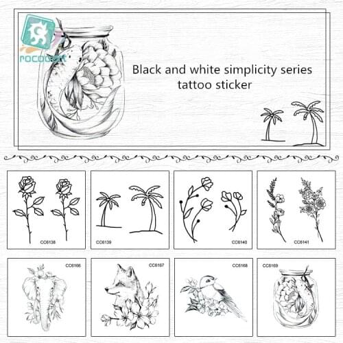 Black and white lines Temporary Tattoo Rose Flower Tree Mountains Planet Body Art Fake Tattoo For Hands Foot Small size 6x6cm