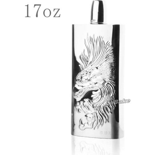 Big size 17oz embossed fly eagle decor stainless steel hip flask wine pot alcohol bottle whisky stoup outdoor drinking tools