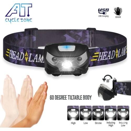 5 Modes USB Rechargeable LED Headlight Head Lamp Flashlight Waterproof Motion Sensor Bicycle Head Light camp Lamp Headlamp