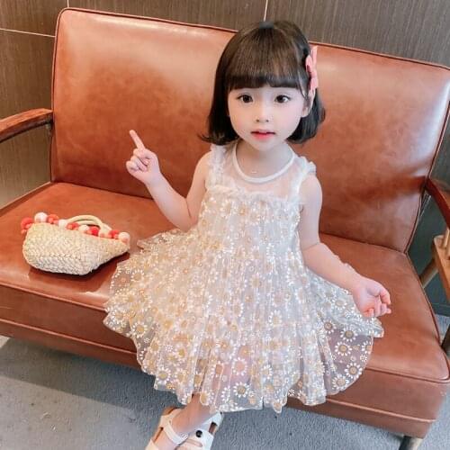 Sun Flower Girls Vest Mesh Dress Summer New Child Baby Super Fairy Loose Princess Skirt