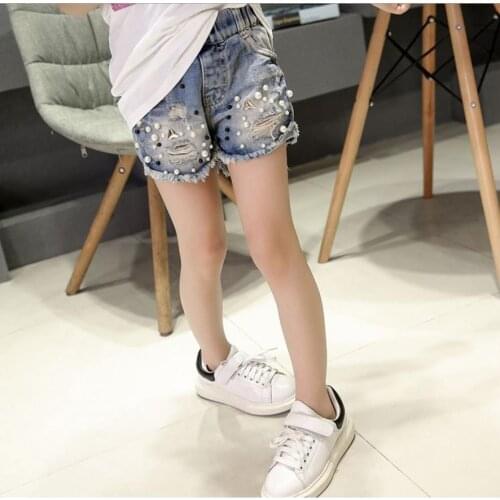 Summer Baby Girls Jeans Ripped Shorts Kids Hole Pearl Clothes Cotton Casual Children Trousers Teenager Denim Girls Clothes