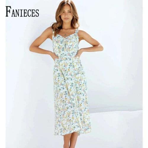 FANIECES Summer Sleeveless Sweet Floral Dresses For Women Sexy Side Slit Backless Print Dress Elegant Long Midi Beach Vestidos