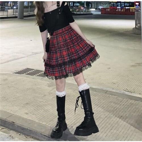 Summer Women High Waist Lace Gothic Skirts Y2k Lady Plaid A-line Calf-length Red Skirt Harajuku Sweet Korean Fashion Clothes