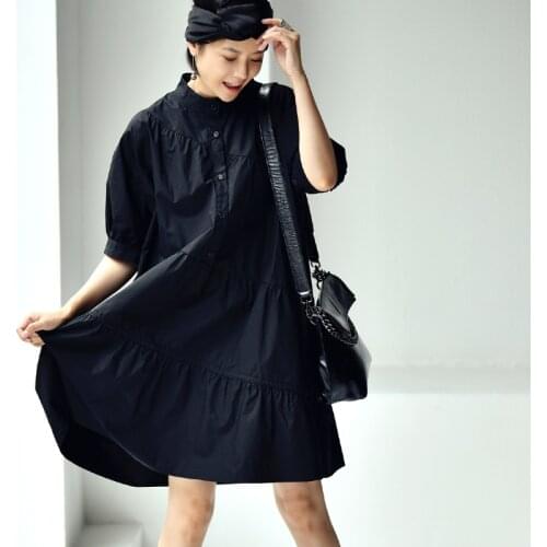 MICOCO Q3697C Simple temperament three-dimensional splicing pleats loose show thin mid - long standing collar dress