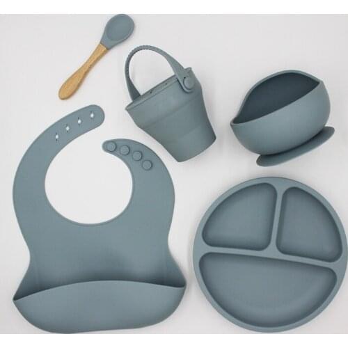 5 Pcs Baby Bibs Drooling Burp Aprons+Suction Dish Bowl+Sucker Dinner Plate+Spoon+Cup Set Waterproof Food Grade Silicone Kit