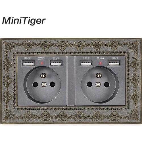 Minitiger 2 Gang French Standard Wall Socket With 4 USB Charge Port Hidden Soft LED Indicator Vintage Zinc Alloy Frame