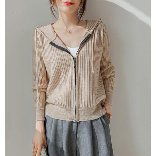 2021 Spring New 100% Wool Cardigan Womens Hoodie Sweatshirt Wild Casual Solid Color Zipper Cardigans Sweater Knitted Shirt