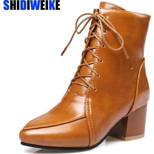 Shoes Women Boots Autumn Winter High Heels Ankle Boots Pointed Toe Square heel Motorcycle Boots Zip Ladies Shoes Big Size 34-43