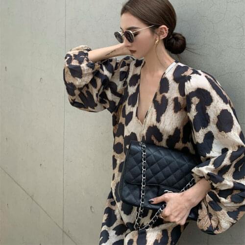 Long Sleeve Dress Summer Midi Leopard Print Slit V-Neck Loose Dresses For Women 2021 New Clothes Dresses Smart Casual Sundress