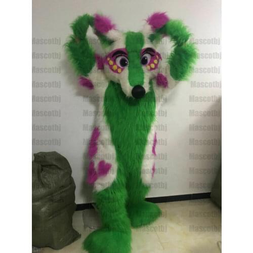 Halloween Gifts Long Fur Green Husky Dog Fox Fursuit Mascot Costume Cosplay Fancy Dress Adults Birthday Gift Unisex