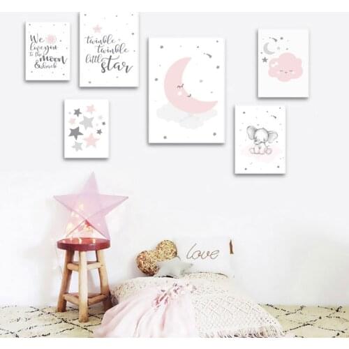 Pink Moon Cartoon Elephant Child Wall Art Canvas Painting Nordic Posters and Prints Wall Pictures for Living Home Decoration