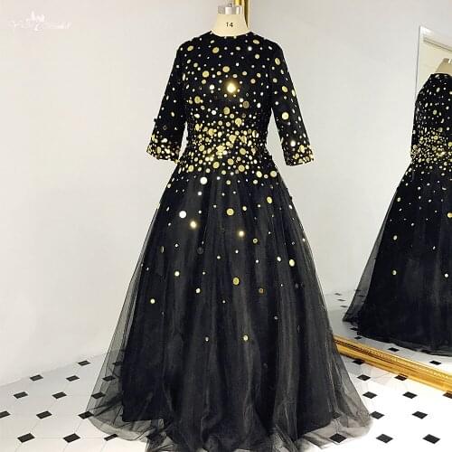 RSE869 A-Line Modest 2019 Sequin Black And Gold Prom Dress