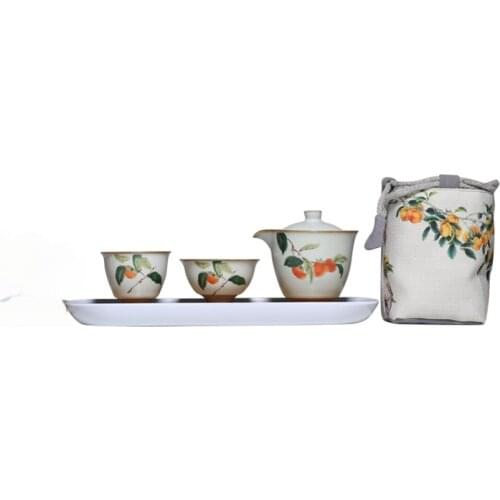 Ru Ware Vintage Persimmon Quick Cup One Pot Two Cups Tea Set Cloth Bag Portable Travel Sets