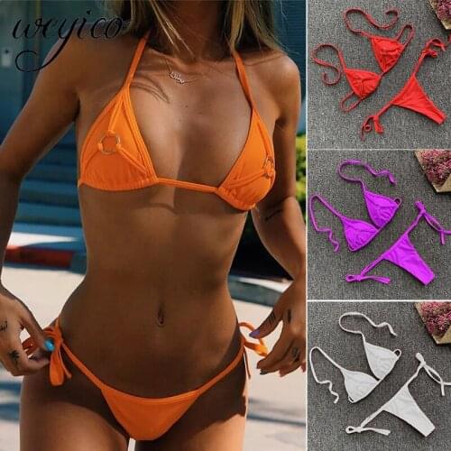 Sexy Women Bikini Set Swimsuit Solid Ring Decoration G String Bathing Suit Micro Bikinis Push Up Beachwear Bodysuit Swimwear