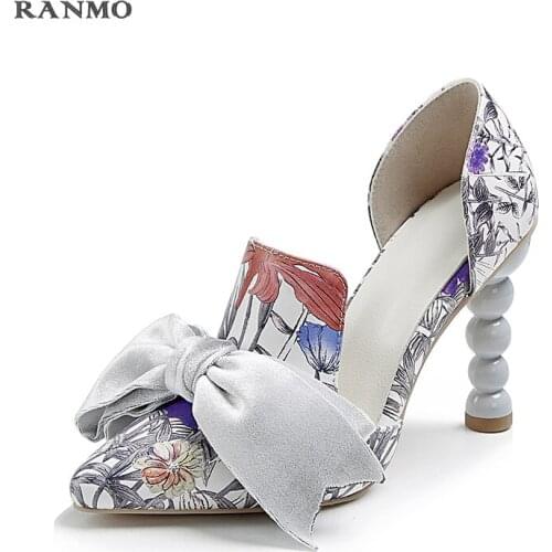 Women Pumps White Full Genuine Leather Printing Bow Pointed Toe Strange High Heel Stiletto Woman Party Shoes 34-43 2021 Summer