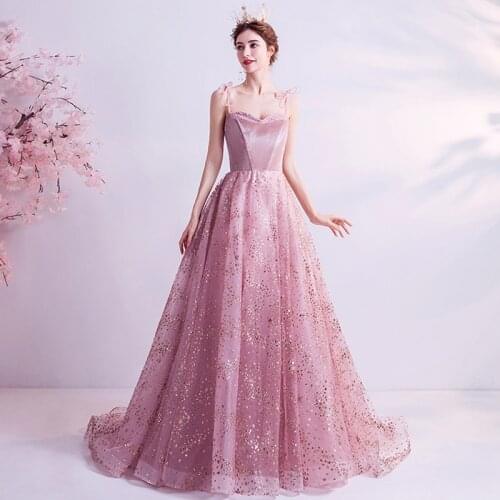 Prom dresses spaghetti-strap beaded evening-gown tulle see though elegant pink long