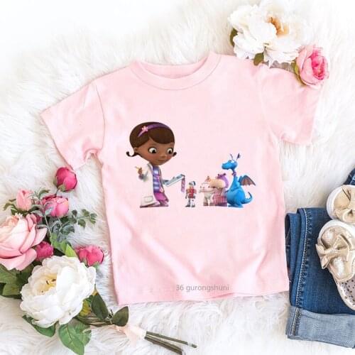 Funny Girl Doctor and Dinosaur Cartoon Print Kawaii Girls Pink T-shirt Kids Tshirt Summer Tees Girls Clothing Tops T Shirts