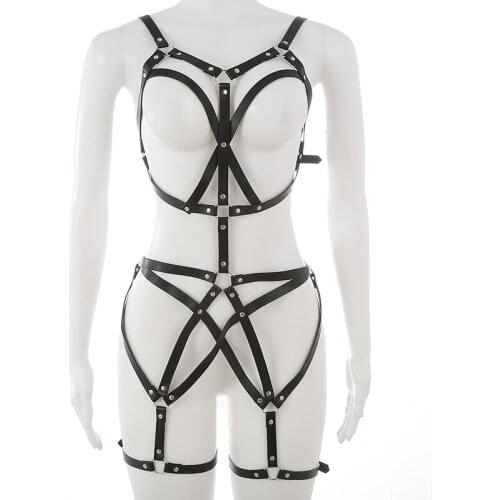 Women Sexy Harajuku O-Ring Garters faux Leather Harness Goth Body Bondage Cage Sculpting Ladies Chest Straps Cosplay Jewelry