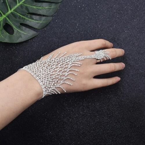 Women Crystal Rhinestone Geometric Hand Harness Slave Chain Link Finger Bracelet Fashion Party Decoration Wedding Bridal Jewelry