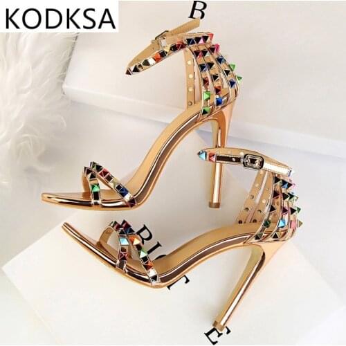 2021 New Women Heels Rivets Studded Sandals Lady Sandles Stiletto Gladiator Pumps Stripper Summer Fetish Platform Shoes