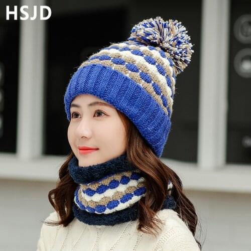 Women Winter Knitted Hats Scarf Set Female Thick Warm Baseball Cap Snapback Pompom Hat Thick Lining Ski Caps with Visor Bonnet