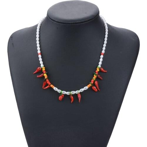 Za Red Chili Pepper Choker Pendant For Women Pearls Beads Collar Necklace Summer Bohemian Unique Jewelry Accessories