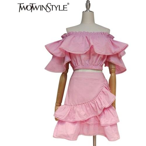 TWOTWINSTYLE Sexy Patchwork Ruffle Set For Women Slash Neck Short Sleeve High Waist Bodycon Skirt Female Two Piece Sets 2021