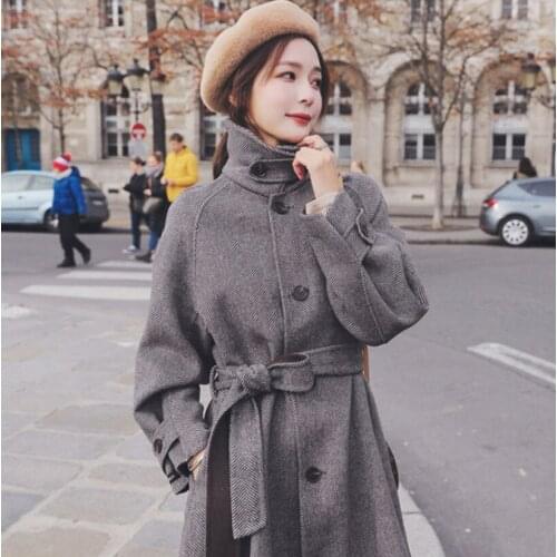 2020 Women Black Long Woolen Coat Trench Spliced Loose Warmer Thick Single Breasted Turn-down Collar Winter Coats Female