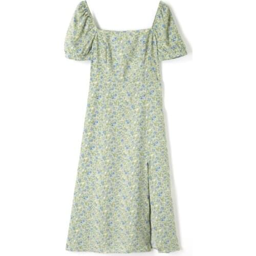 Chic Floral Print Split Dress Women Elegant A Line Vintage Dress Summer 2021 Short Sleeve Square Collar Elegant Dresses