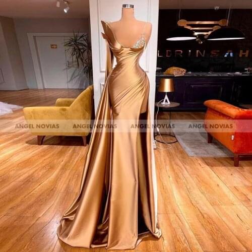 ANGEL NOVIAS Long Mermaid Arabic Champagne Evening Dress 2021 with Slit Abiye Elbiseleri Vestido De Fiesta De Boda