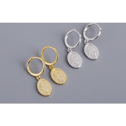 1Pair Unusual Style 925 Sterling Silver Dangle Earrings for Women 2021 Trend Jewelry Piercing Virgin Mary Coin Pendant Earrings