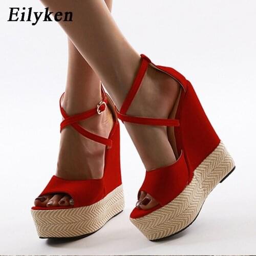 Eilyken High Quality Red Flock Ladies Sandals Fashion Straw Rope Weaving Platform Wedge Heels Open Toe Buckle Strap Womens Shoes